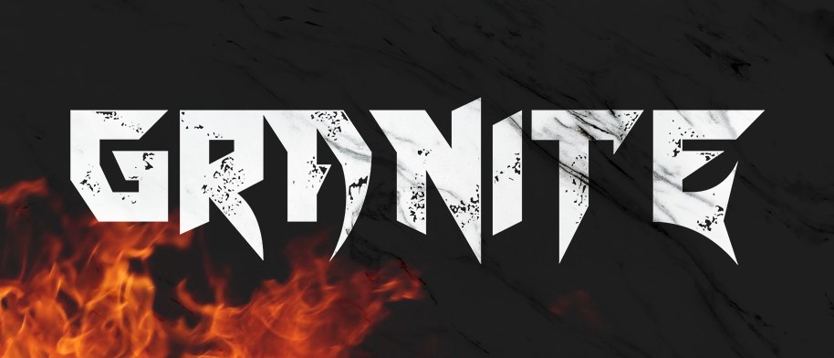 Granite logo — the white wordmark over flames on black marble