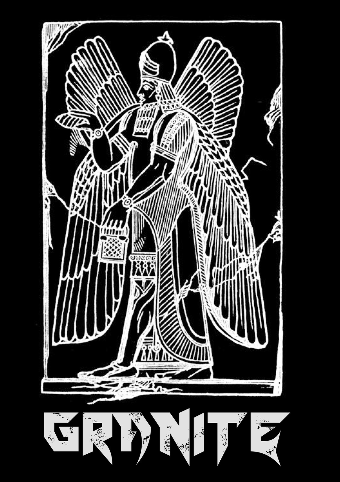 Granite Tiamat artwork — a winged Mesopotamian demon drawn in white line art on black