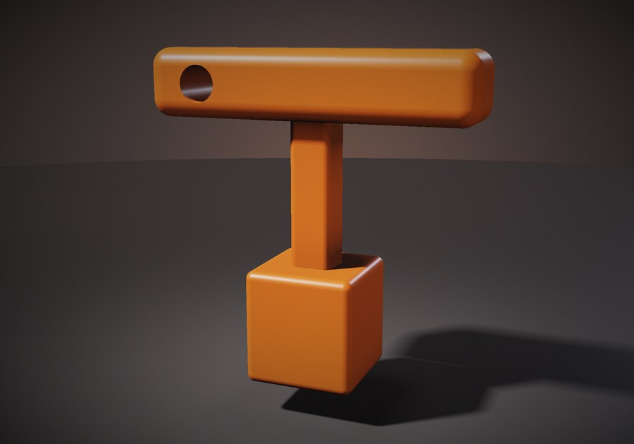 Rendering of a T-handled drum key in orange printed plastic, with a keyring hole through the handle and a square socket at the tip.