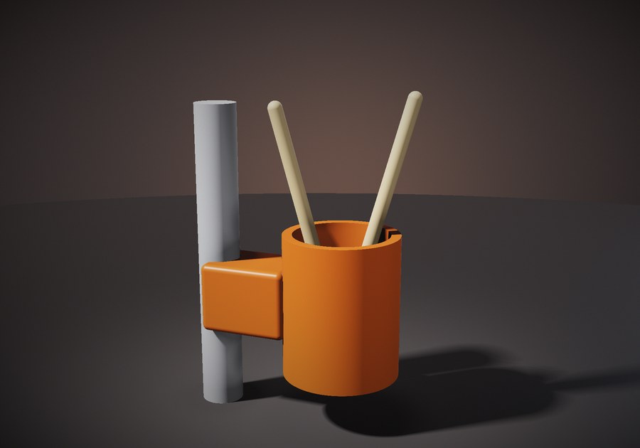 Rendering of an orange printed stick holder clamped to a vertical stand tube, with two drumsticks angled out of the open top.