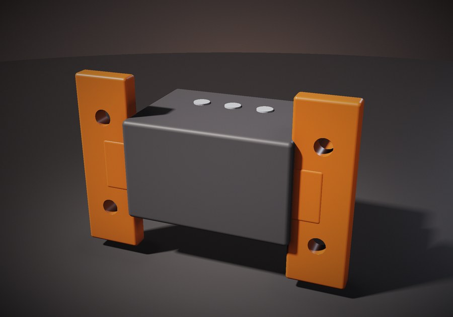 Rendering of a small dark digital mixer with an orange printed rack-mount bracket bolted to each side, each bracket drilled with two holes.
